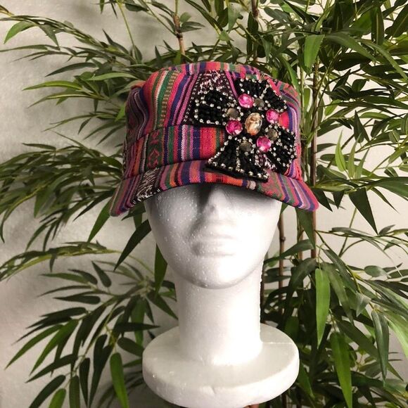 Y2K Boho Kitschy Gypsy Hippie Aztec Western Beaded cross cadet military cap hat main image 5